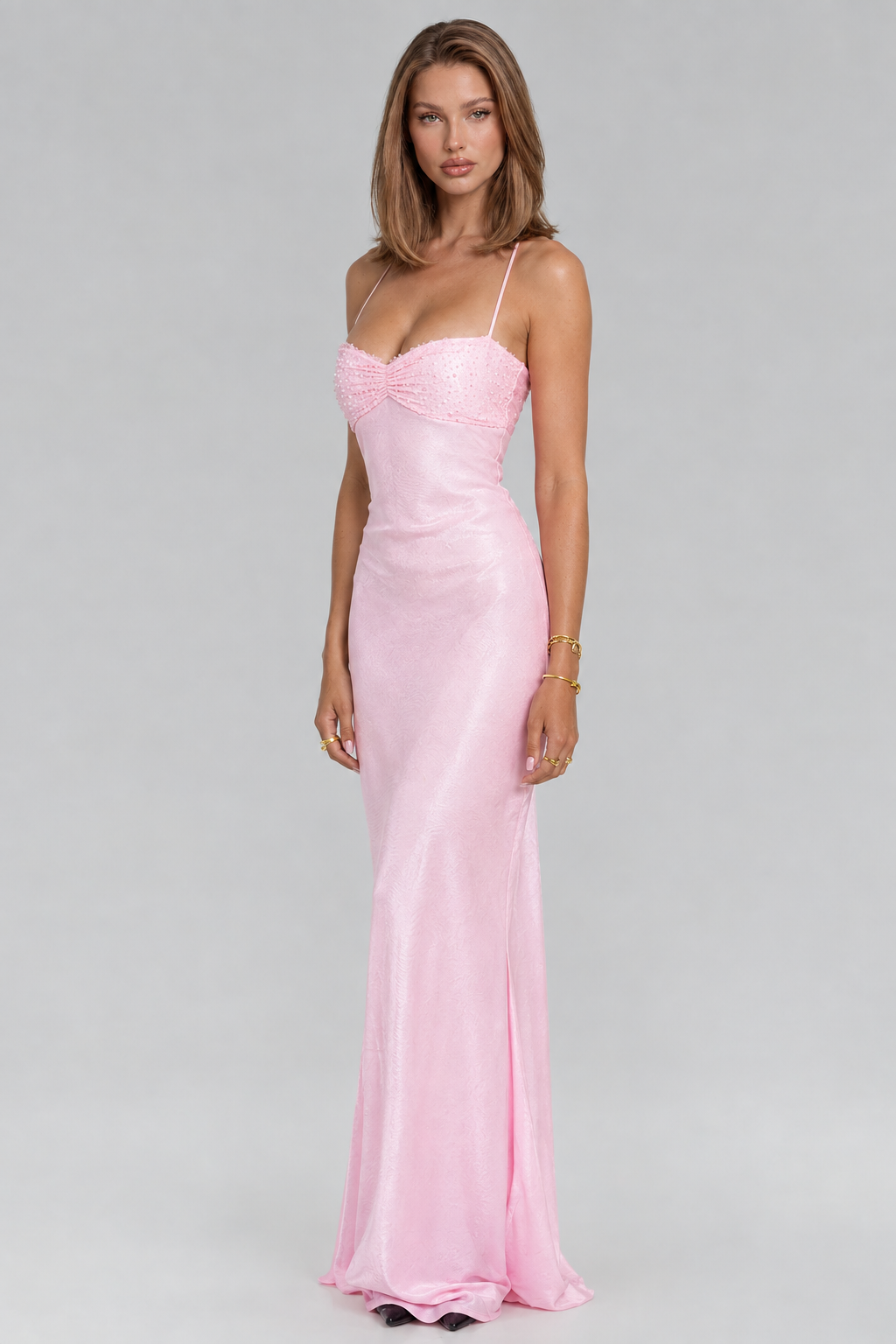 Sequin Satin Dress with Lace-Up Back