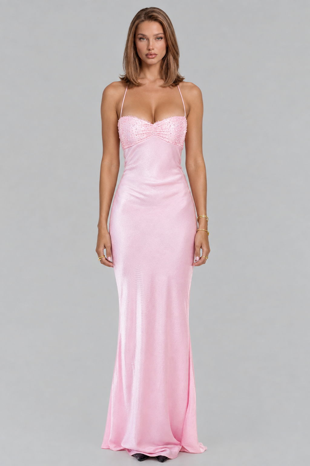 Sequin Satin Dress with Lace-Up Back