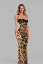 Sequin Leopard Print Maxi Dress with Lace Bust