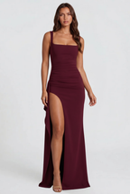 Square Neck Wedding Guest Dress with Ruffle Slit Audrey Calvero