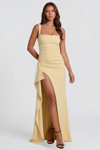 Square Neck Wedding Guest Dress with Ruffle Slit Audrey Calvero