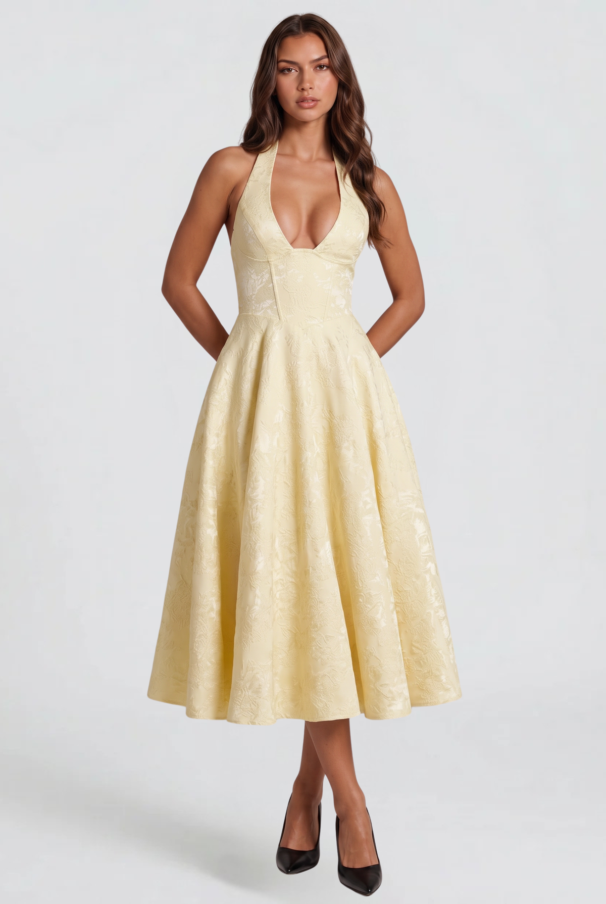 Floral Wedding Guest Halter Midi Dress Audrey Calvero