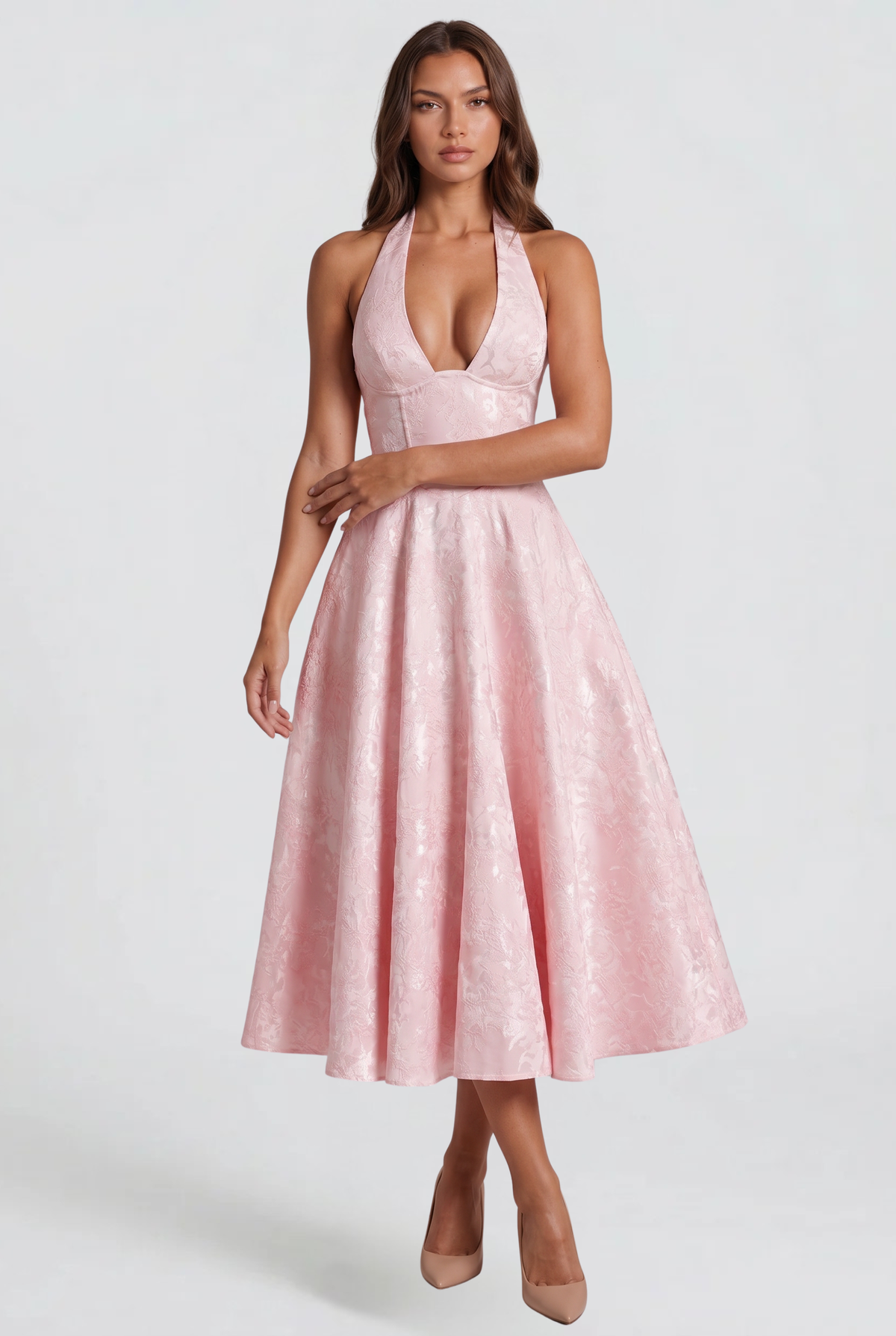 Floral Wedding Guest Halter Midi Dress Audrey Calvero