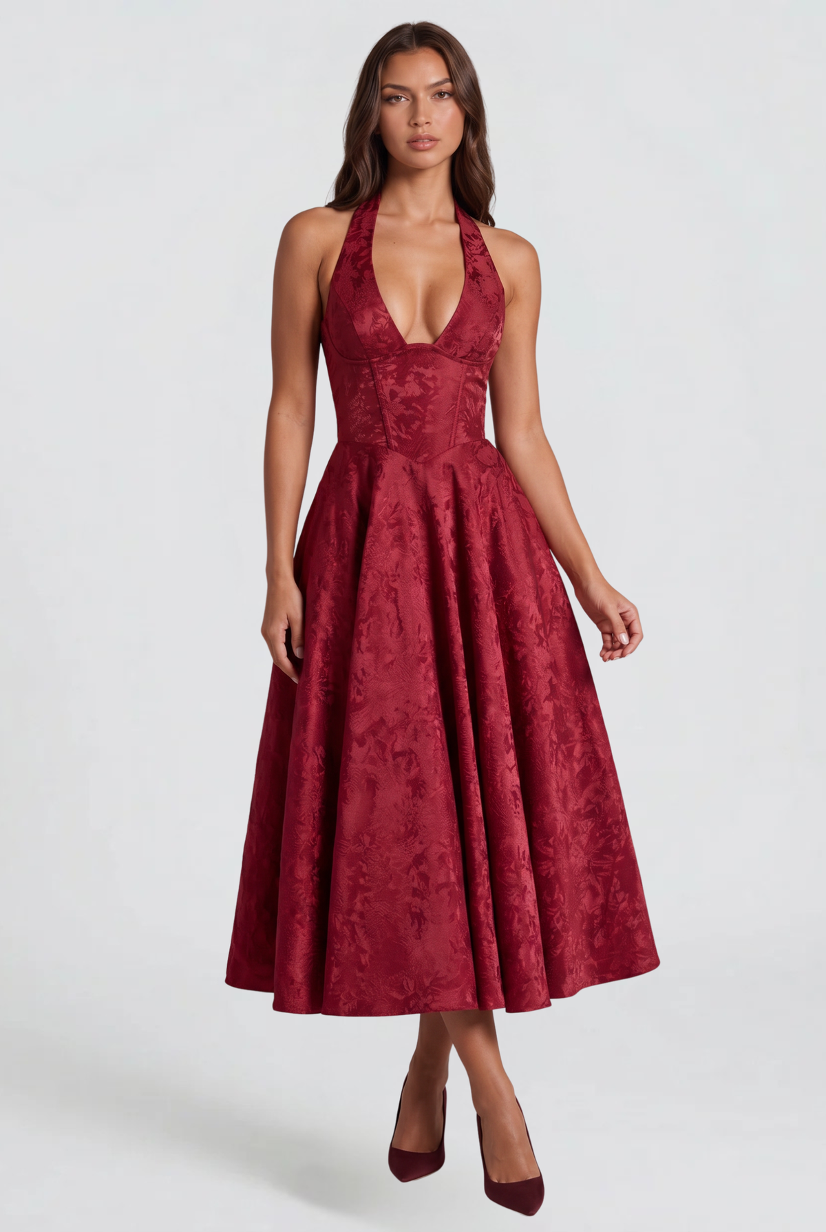 Floral Wedding Guest Halter Midi Dress Audrey Calvero