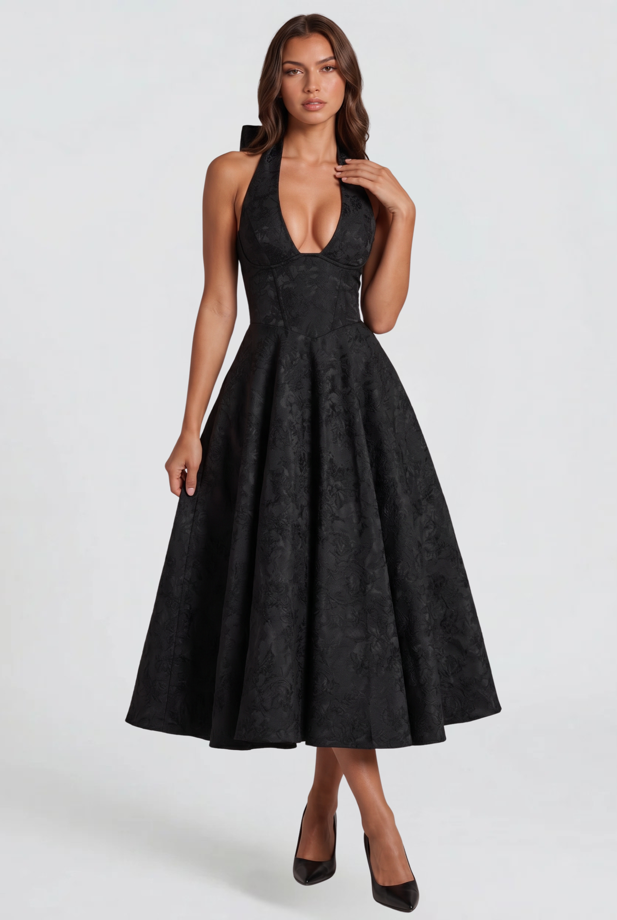 Floral Wedding Guest Halter Midi Dress Audrey Calvero