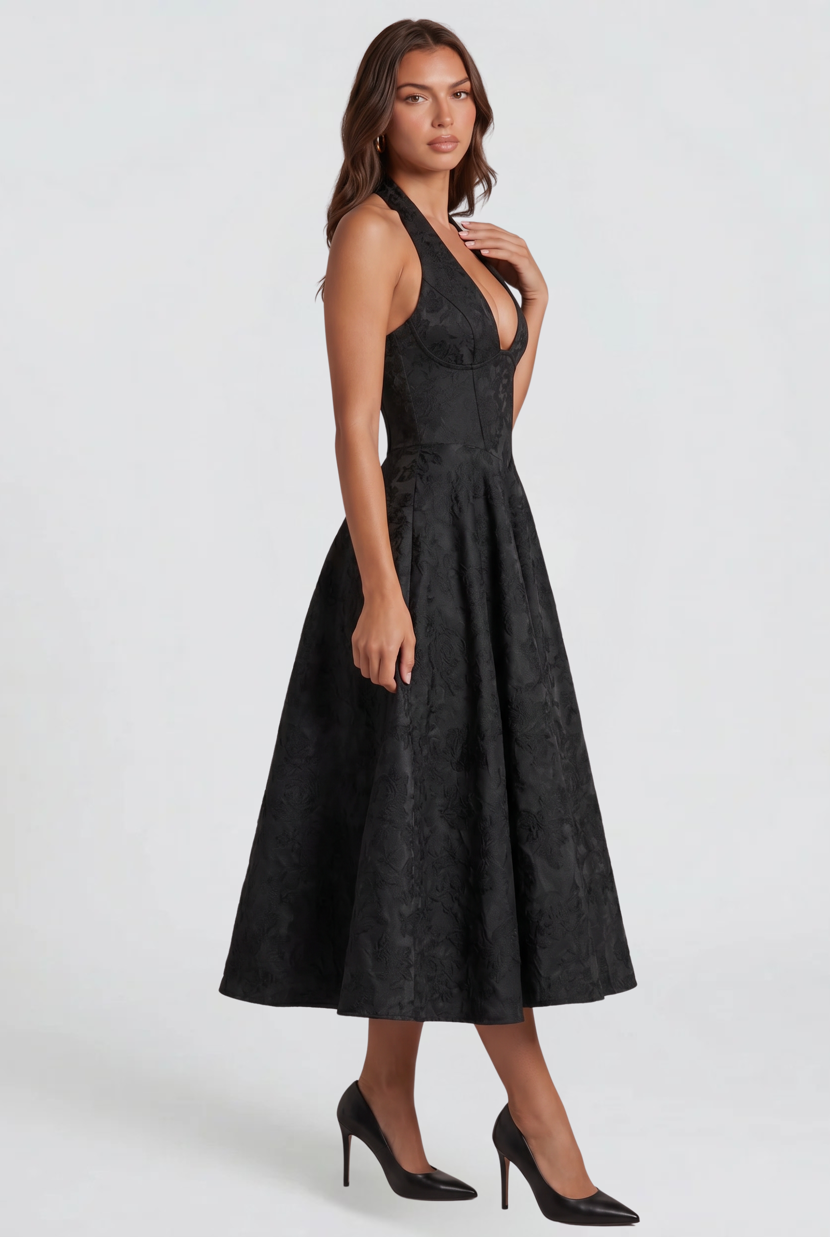 Floral Wedding Guest Halter Midi Dress Audrey Calvero