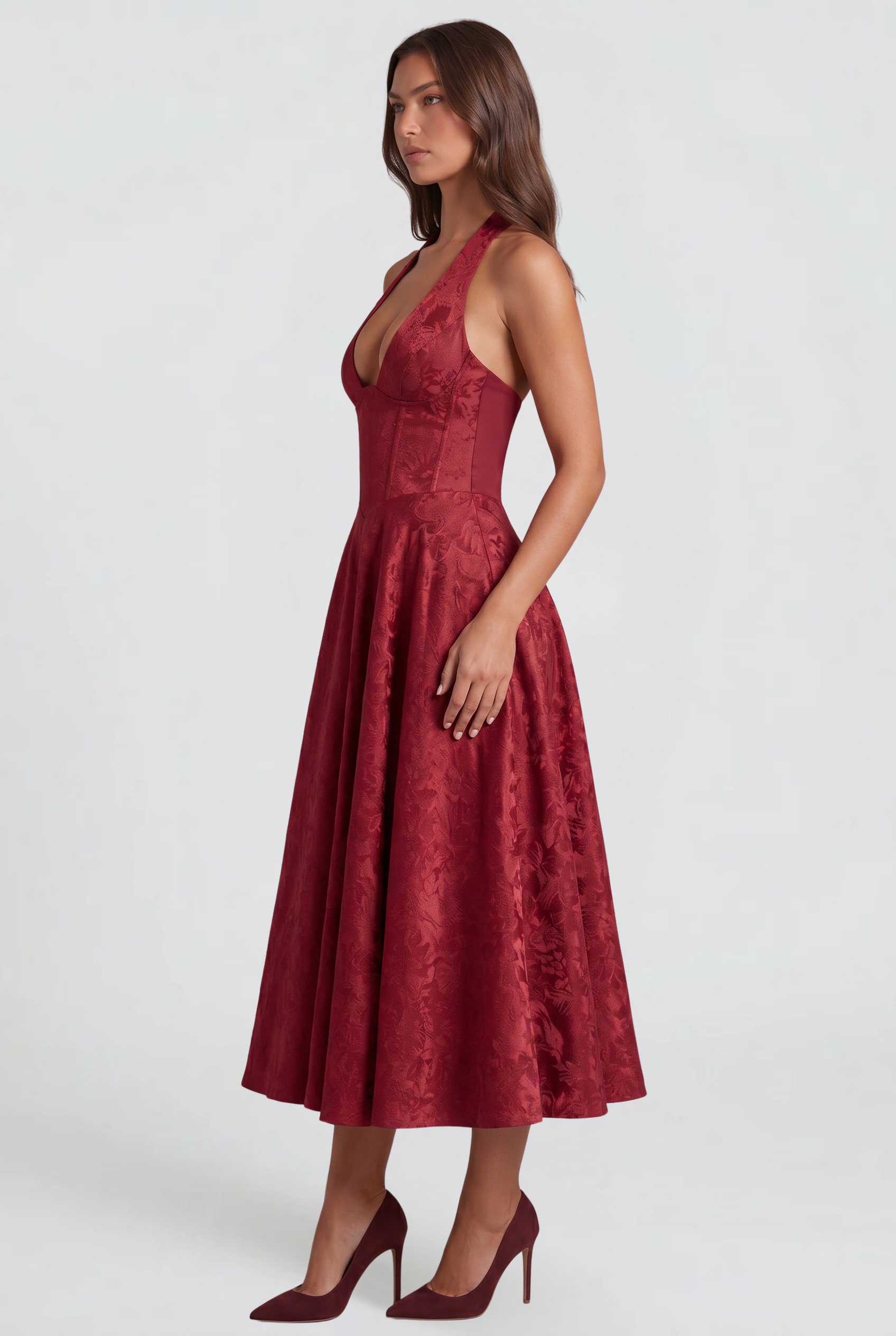 Floral Wedding Guest Halter Midi Dress Audrey Calvero