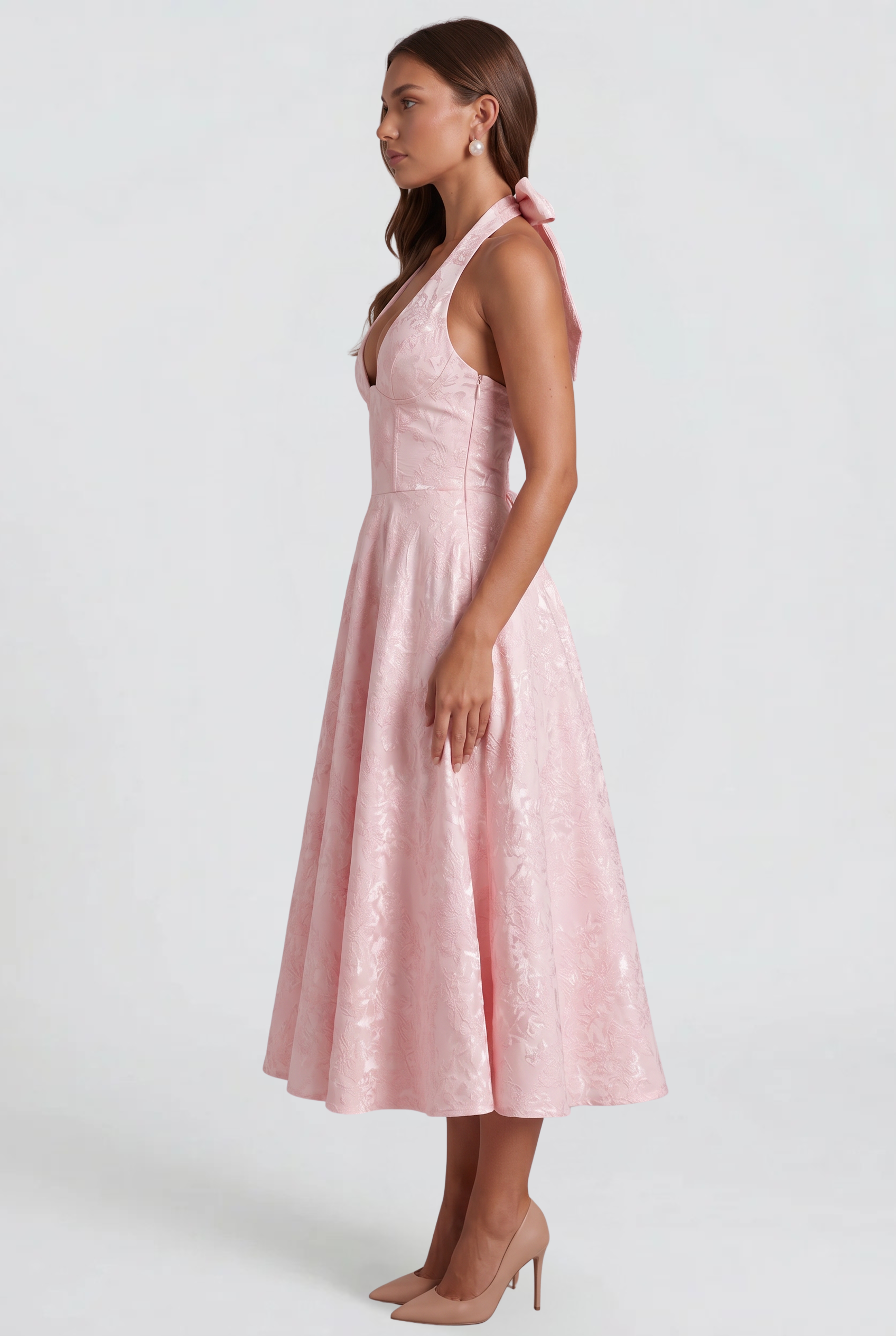 Floral Wedding Guest Halter Midi Dress Audrey Calvero
