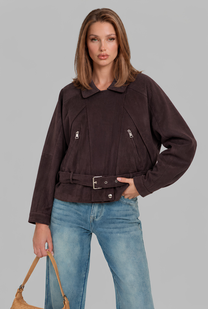 Belted Suede Biker Jacket