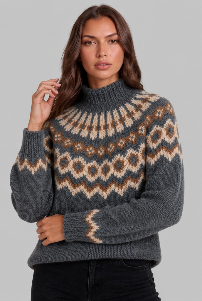 Chunky Fair Isle Sweater with High Neck Audrey Calvero