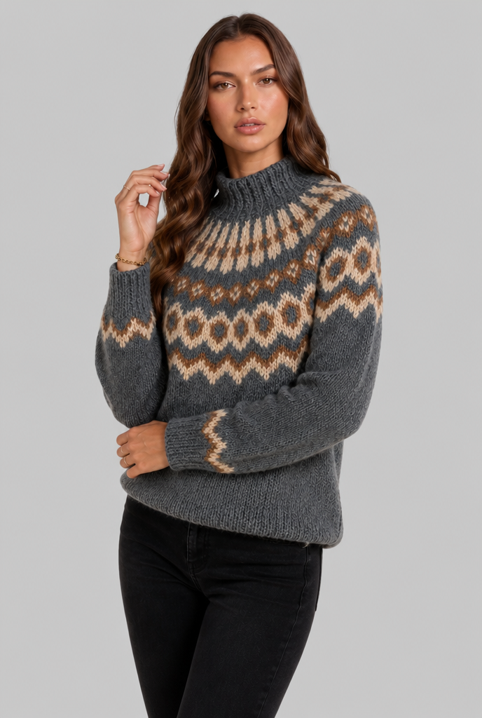 Chunky Fair Isle Sweater with High Neck Audrey Calvero