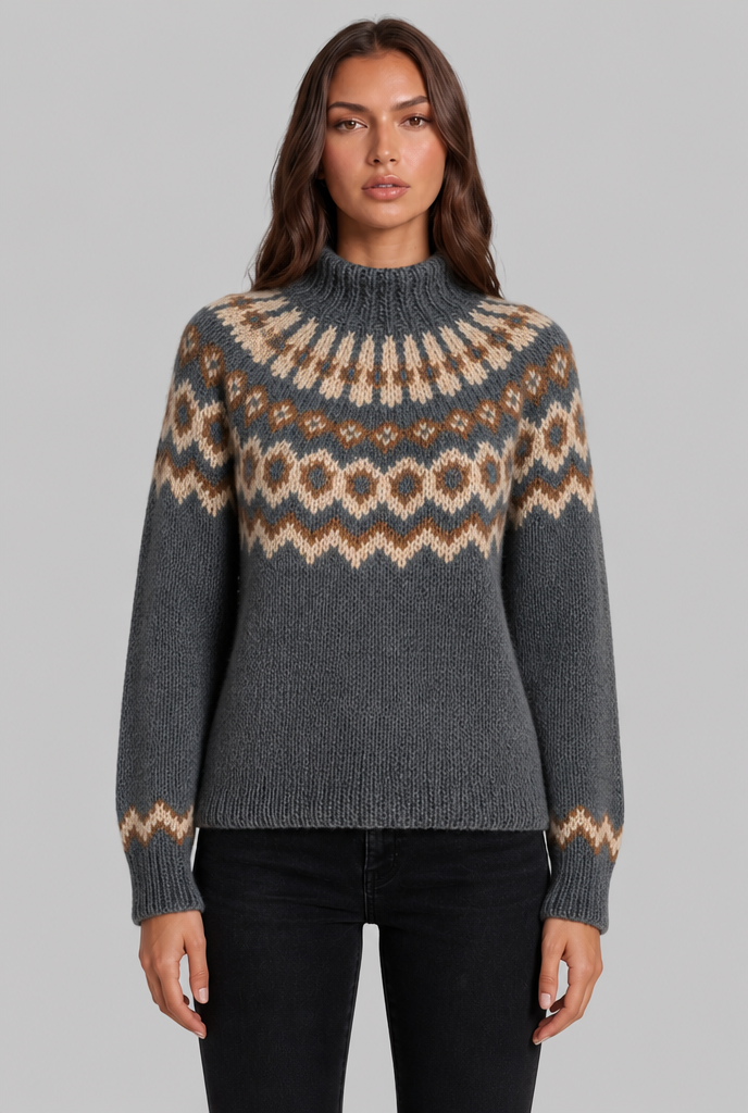 Chunky Fair Isle Sweater with High Neck Audrey Calvero