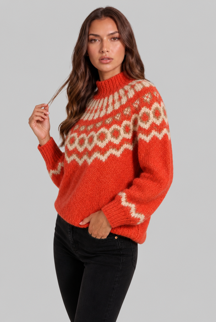 Chunky Fair Isle Sweater with High Neck Audrey Calvero