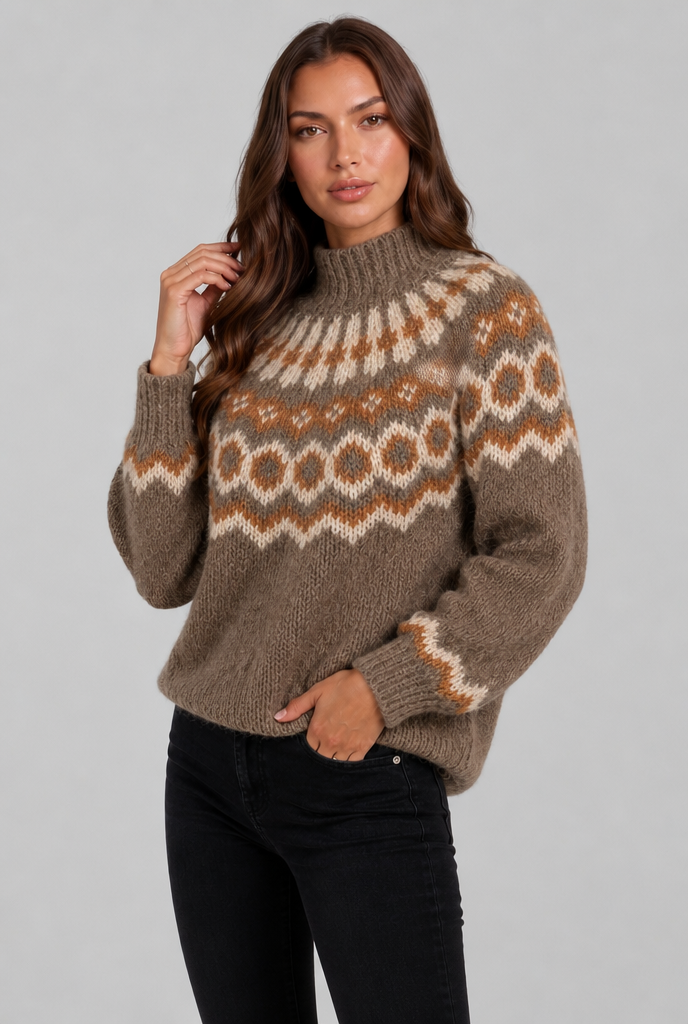 Chunky Fair Isle Sweater with High Neck Audrey Calvero