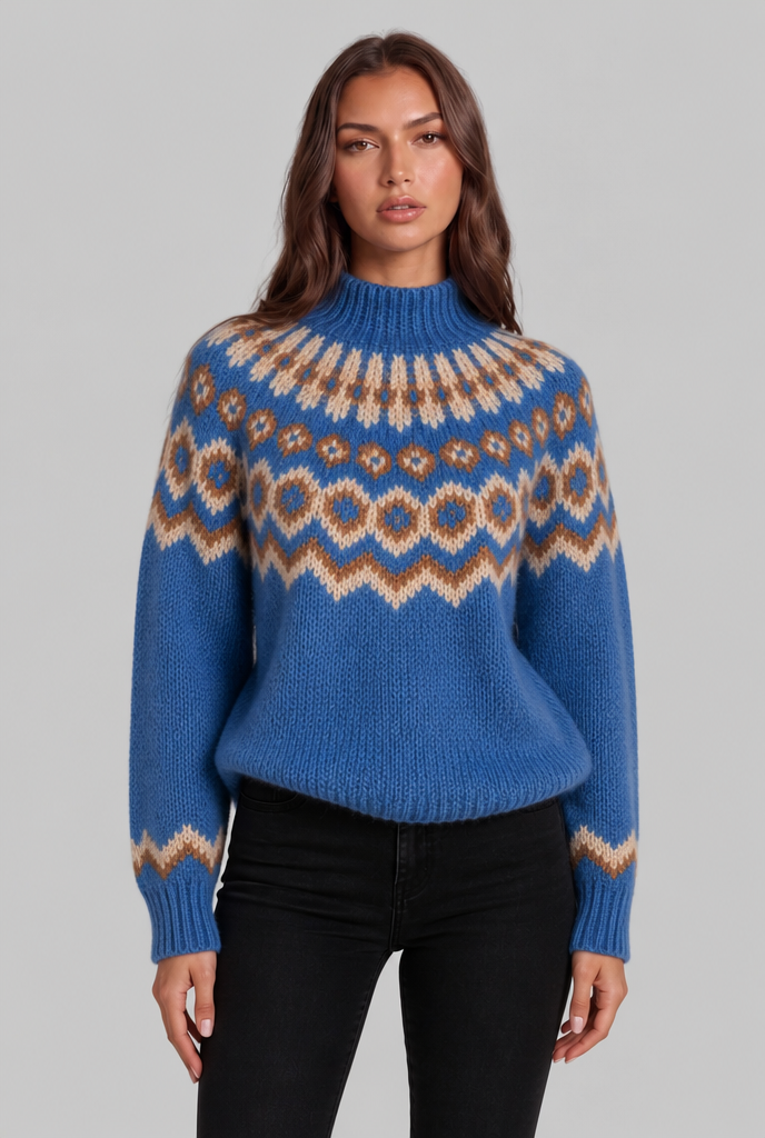 Chunky Fair Isle Sweater with High Neck Audrey Calvero