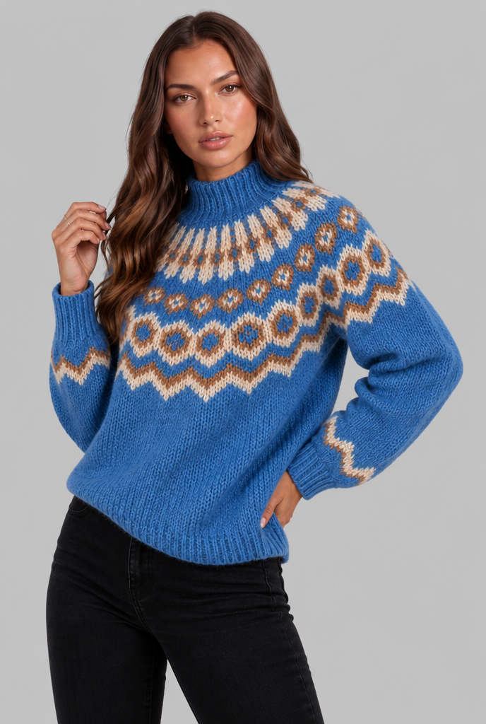 Chunky Fair Isle Sweater with High Neck Audrey Calvero