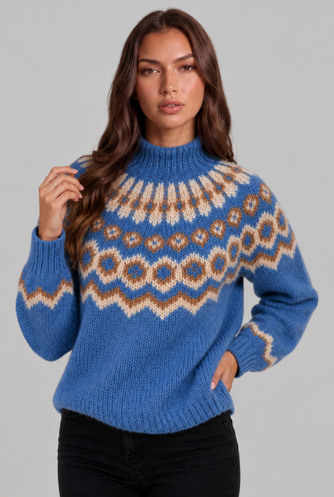 Chunky Fair Isle Sweater with High Neck Audrey Calvero