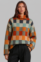Checkerboard Knit Sweater with High Neck Audrey Calvero