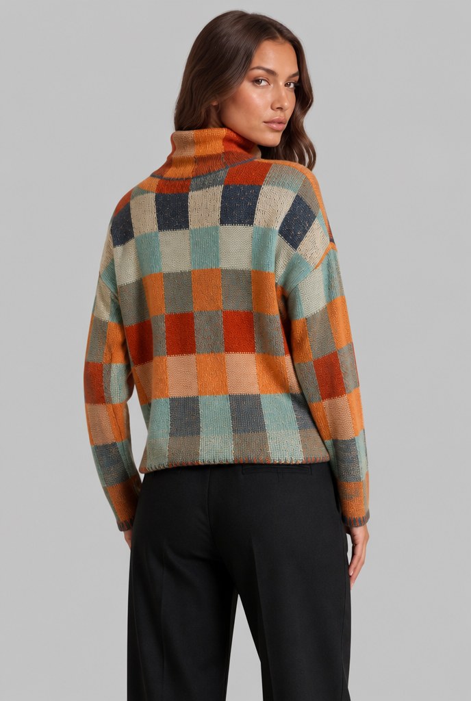 Checkerboard Knit Sweater with High Neck Audrey Calvero