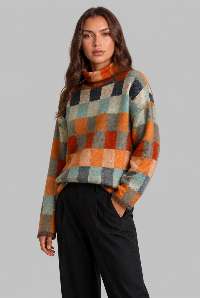 Checkerboard Knit Sweater with High Neck Audrey Calvero