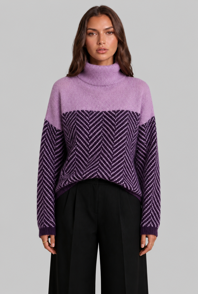 Colorblock Chevron Sweater with High Neck Audrey Calvero