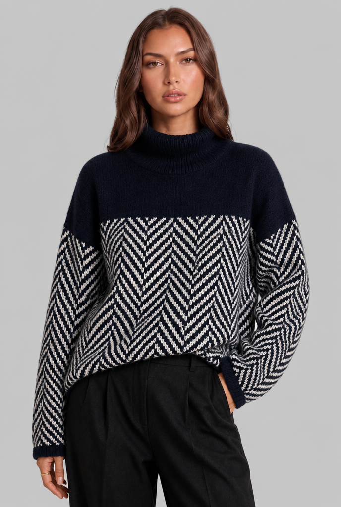 Colorblock Chevron Sweater with High Neck Audrey Calvero
