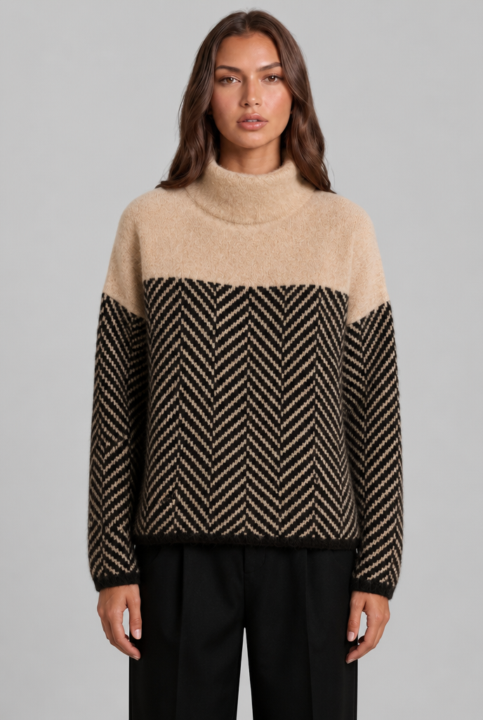 Colorblock Chevron Sweater with High Neck Audrey Calvero