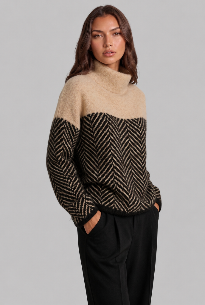 Colorblock Chevron Sweater with High Neck Audrey Calvero