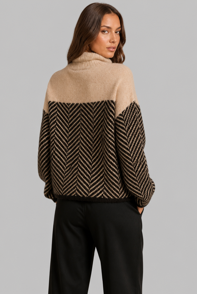 Colorblock Chevron Sweater with High Neck Audrey Calvero