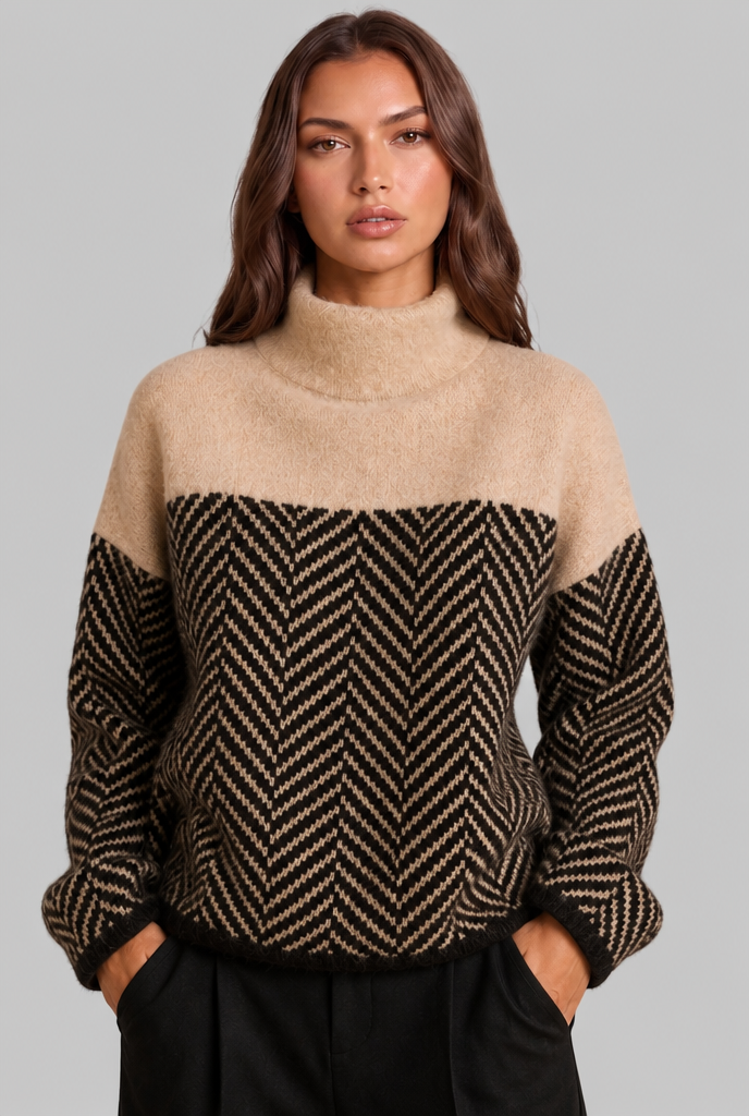 Colorblock Chevron Sweater with High Neck Audrey Calvero