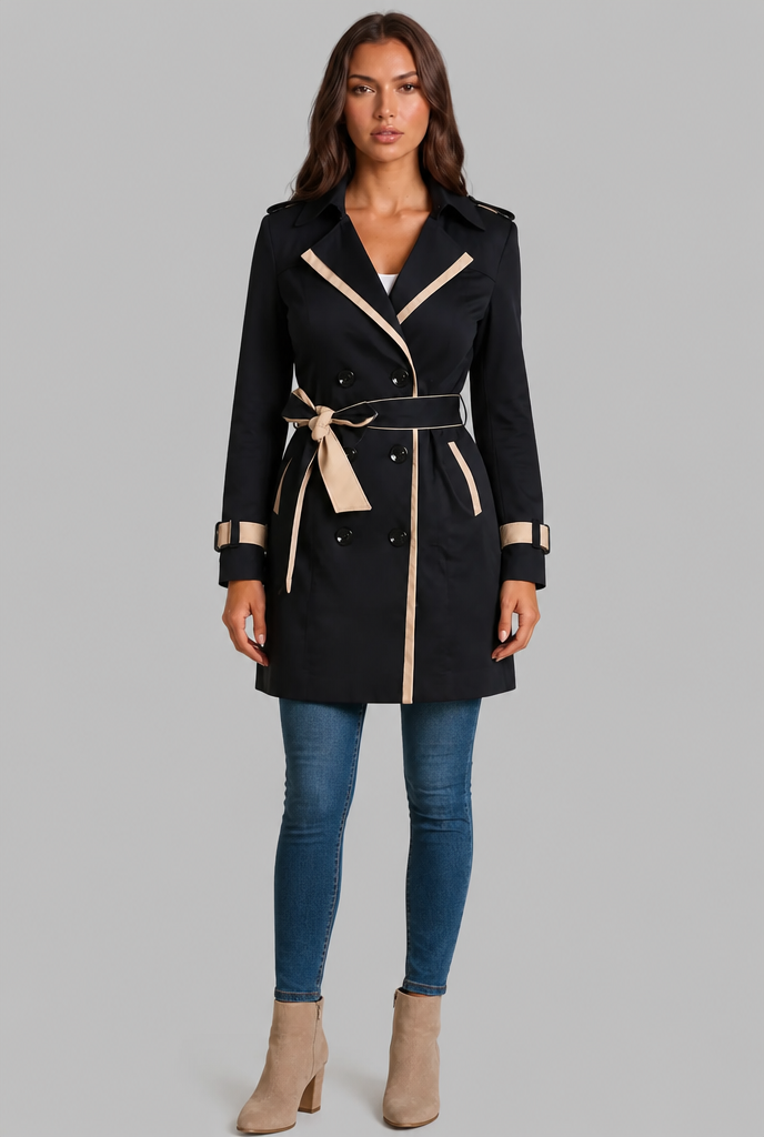 Contrast Trim Trench Coat Audrey Calvero