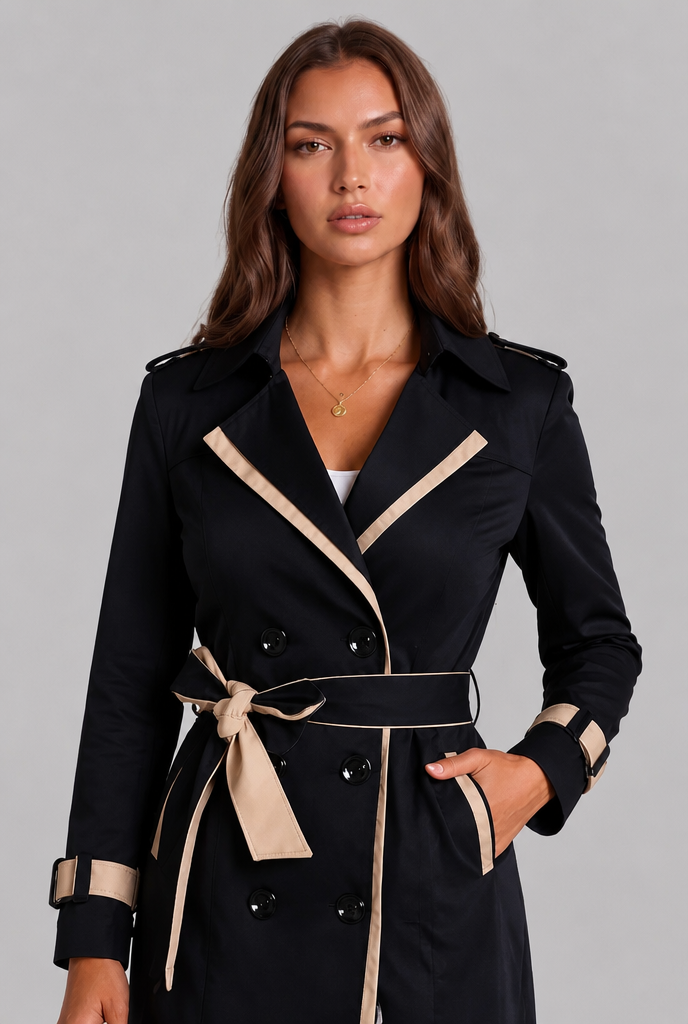 Contrast Trim Trench Coat Audrey Calvero