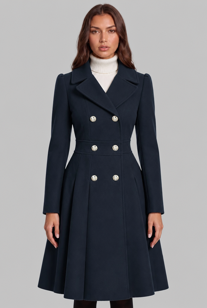 Fit and Flare Wool Coat with Gold Buttons Audrey Calvero