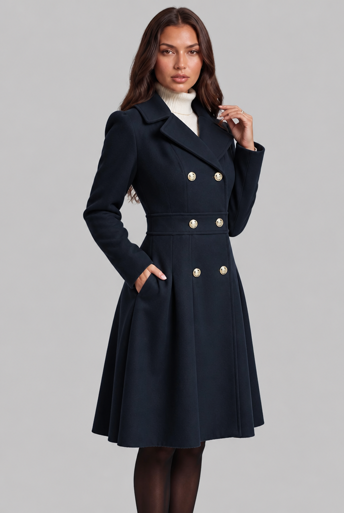 Fit and Flare Wool Coat with Gold Buttons Audrey Calvero