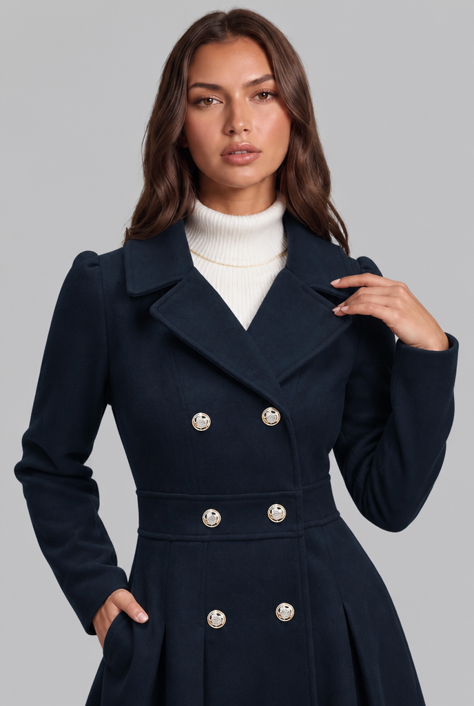 Fit and Flare Wool Coat with Gold Buttons Audrey Calvero