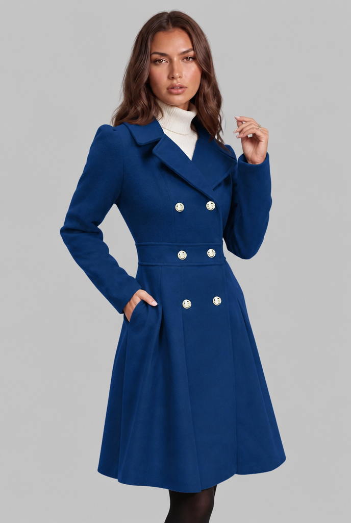Fit and Flare Wool Coat with Gold Buttons Audrey Calvero