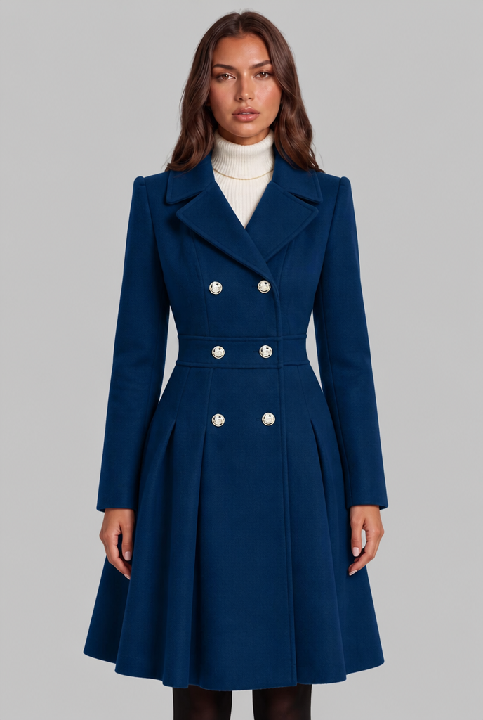 Fit and Flare Wool Coat with Gold Buttons Audrey Calvero