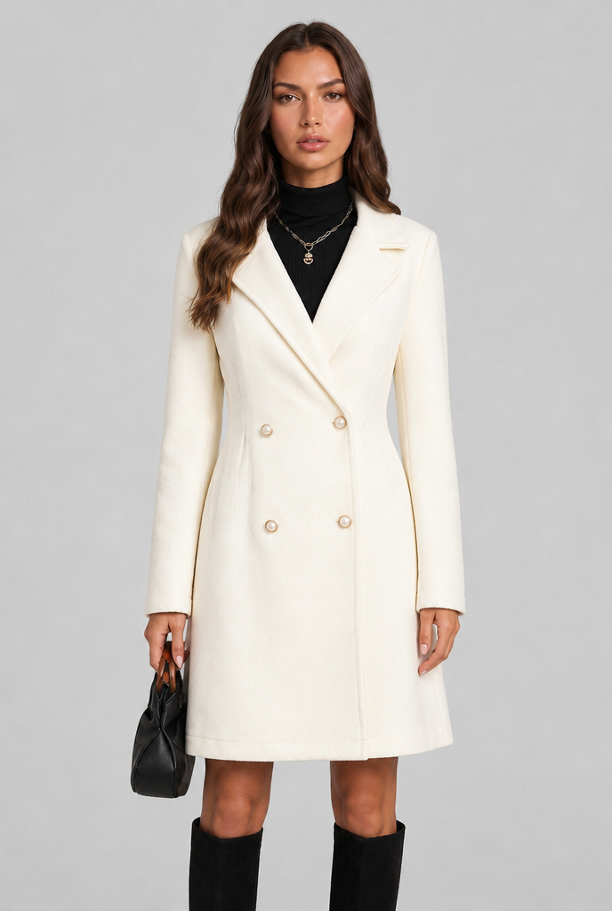 Double-Breasted Wool Coat with Pearl Buttons Audrey Calvero