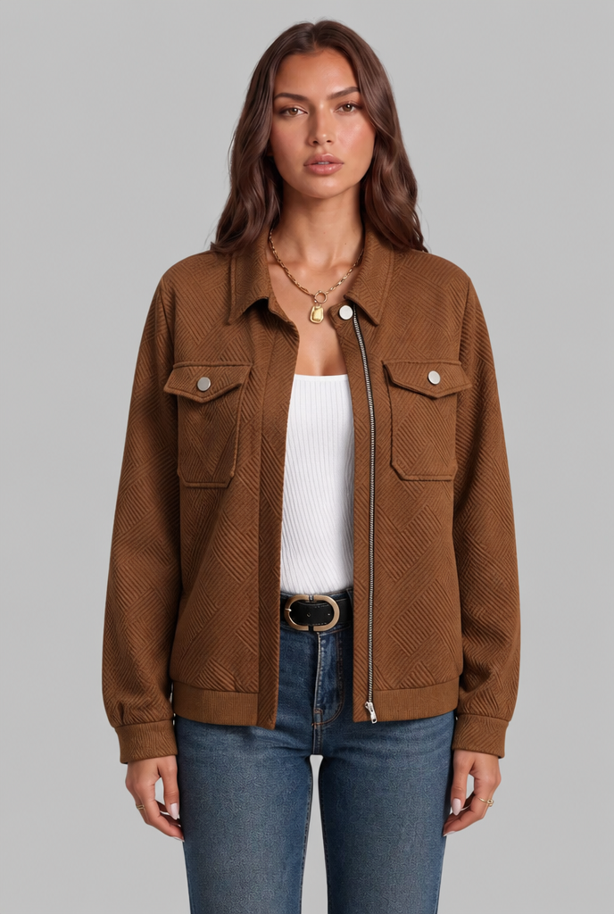 Textured Zip-Up Jacket with Ribbed Trim Audrey Calvero