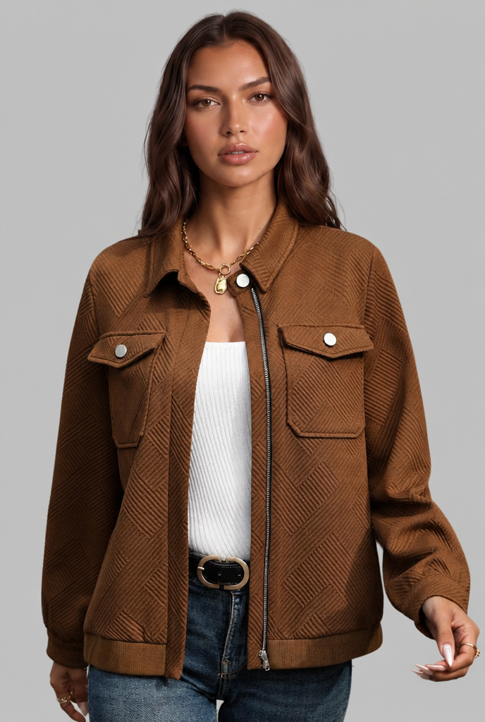 Textured Zip-Up Jacket with Ribbed Trim Audrey Calvero
