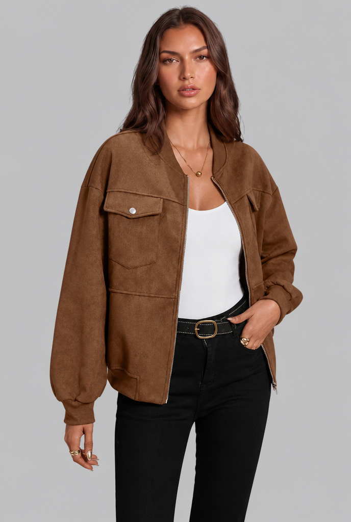 Suede Bomber Jacket with Zip Front Audrey Calvero