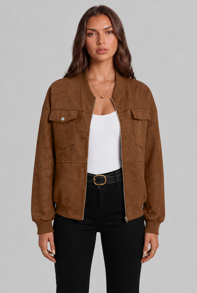Suede Bomber Jacket with Zip Front Audrey Calvero