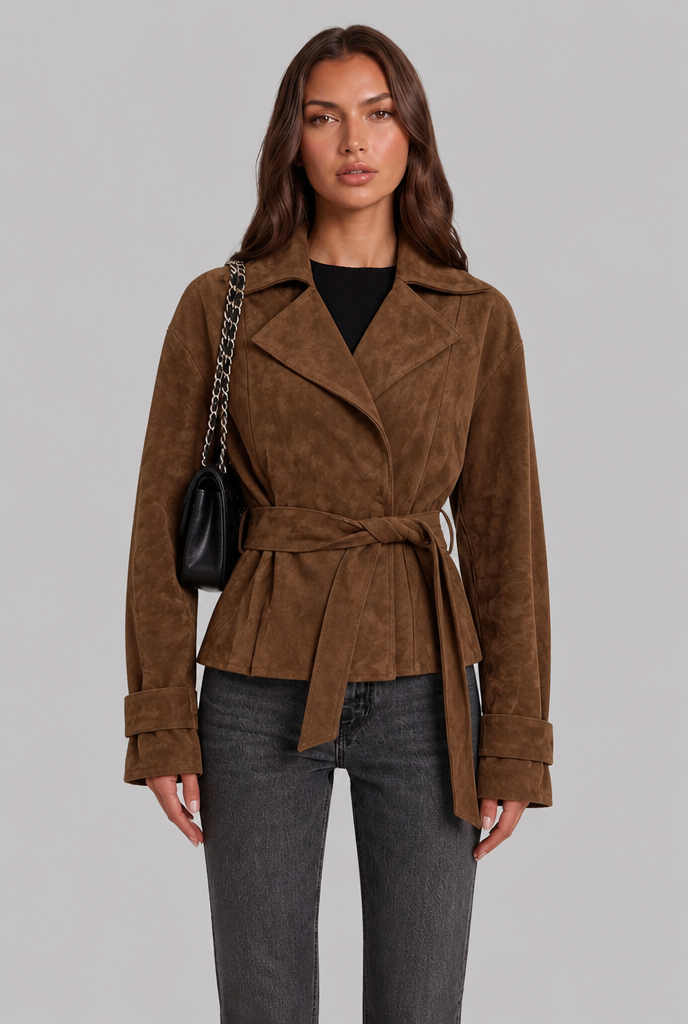 Belted Suede Coat with Notched Collar Audrey Calvero