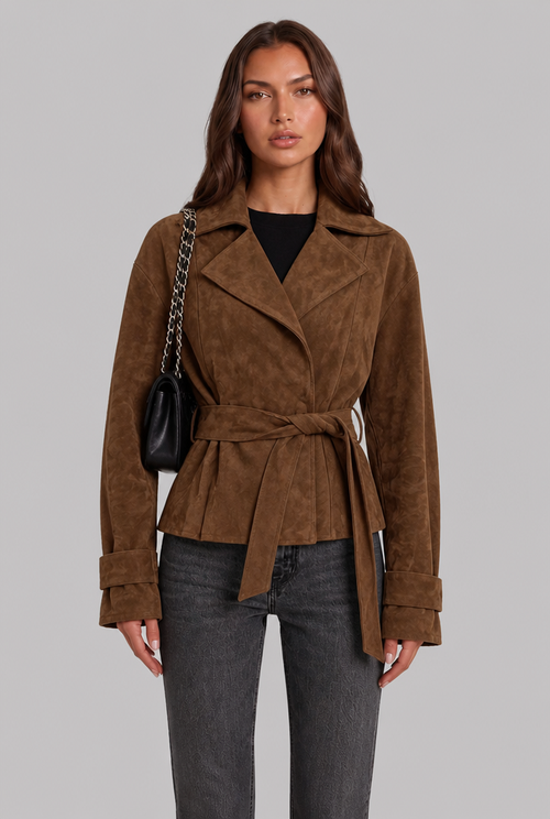 Belted Suede Coat with Notched Collar Audrey Calvero