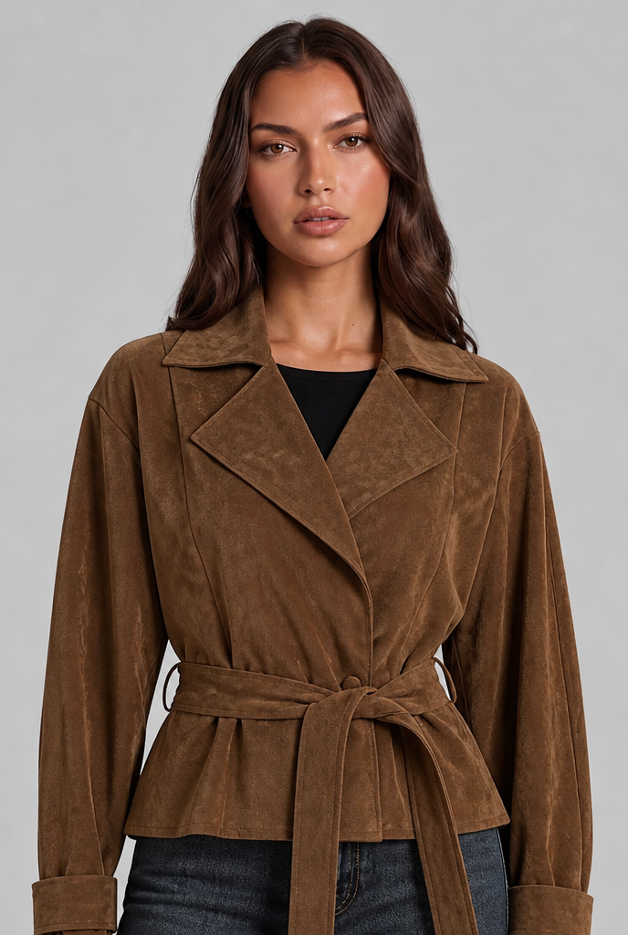 Belted Suede Coat with Notched Collar Audrey Calvero