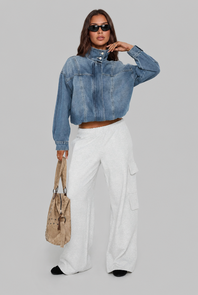 Cropped Denim Jacket with Cinched Hem Audrey Calvero