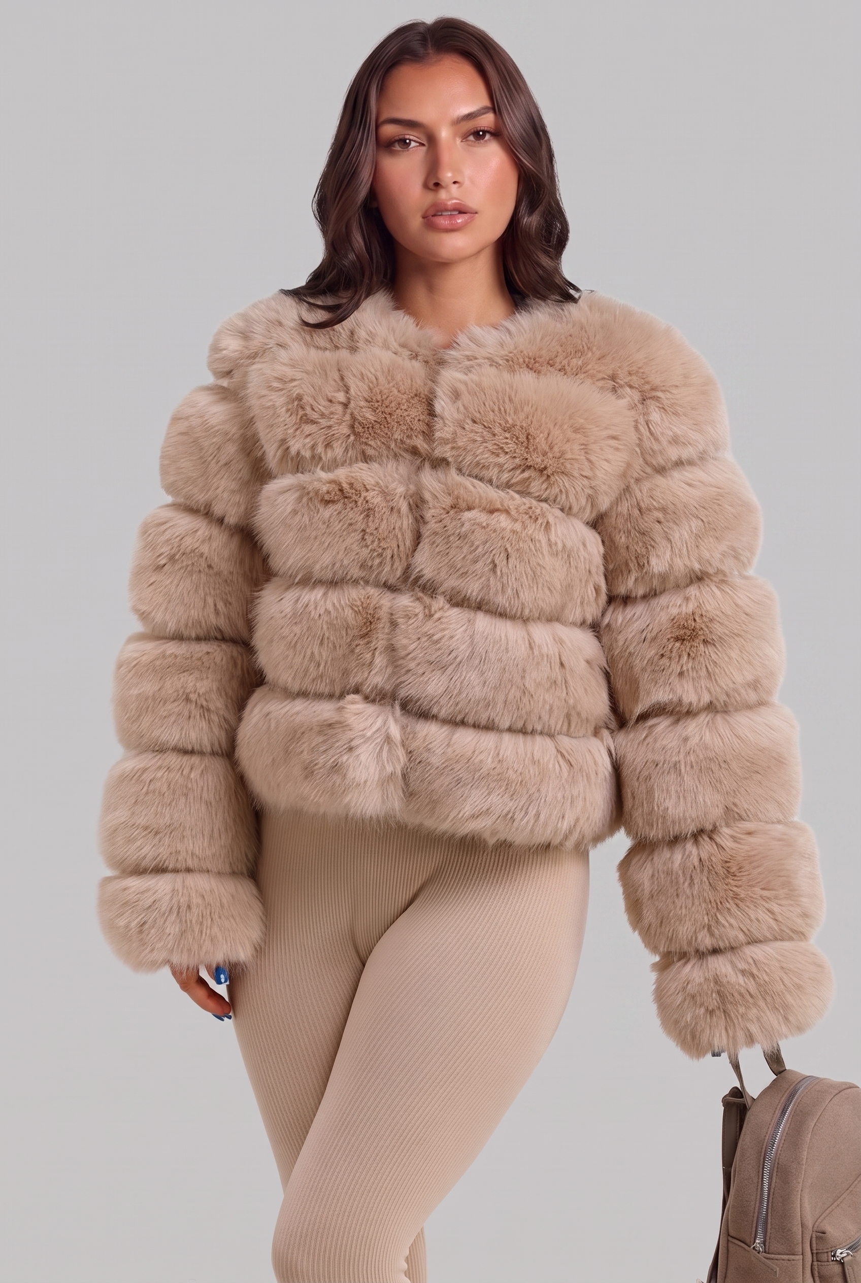 Faux Fur Coat with Collarless Design Audrey Calvero