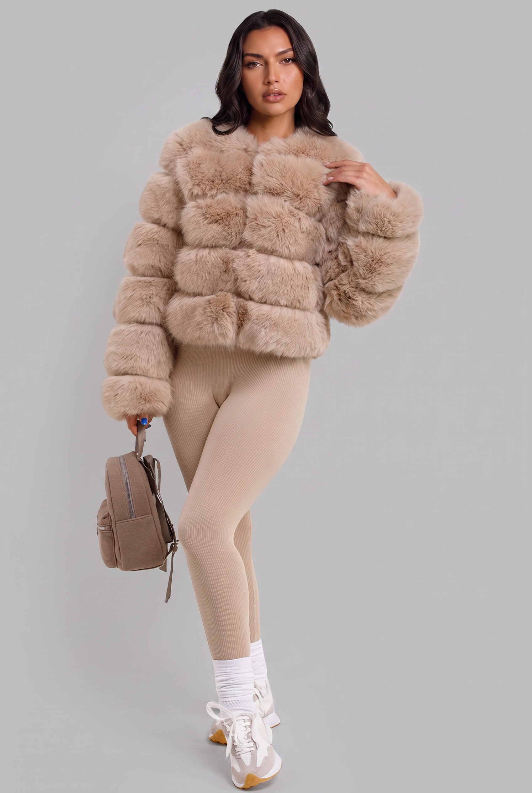Faux Fur Coat with Collarless Design Audrey Calvero