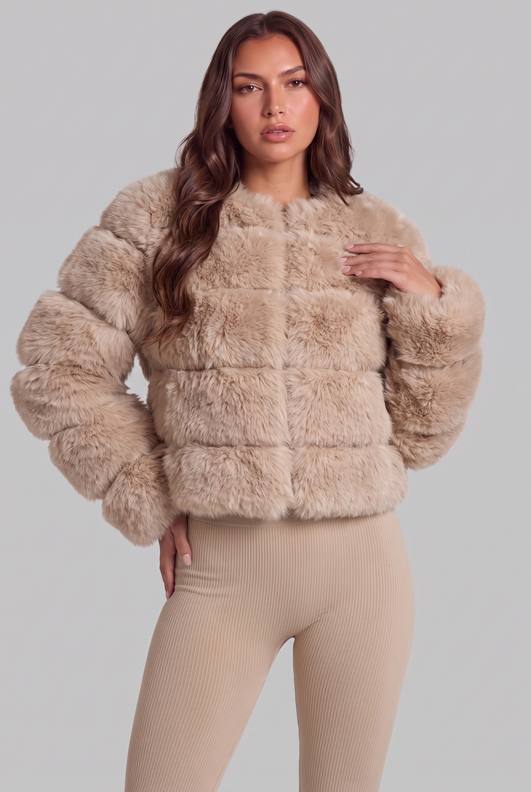 Faux Fur Coat with Collarless Design Audrey Calvero
