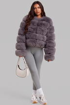 Faux Fur Coat with Collarless Design Audrey Calvero